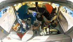 Size: 2470x1410 | Tagged: safe, artist:bb_meronpan, shadow the hedgehog, sonic the hedgehog, 2025, car, charm, driving, duo, food, holding something, hot dog, legs crossed, sitting, sunglasses