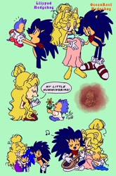 Size: 706x1072 | Tagged: safe, artist:ikkomaruluv, sonic the hedgehog, oc, oc:lilypad hedgehog, oc:oceanreef hedgehog, 2025, aged down, baby, child, family, flower, green background, hand on another's head, parent and child, playing music, pregnant, simple background, trio