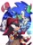 Size: 1620x2197 | Tagged: safe, artist:kou_sonic, artist:xxxxx_jjz, shadow the hedgehog, sonic the hedgehog, chao, 2025, abstract background, collaboration, cosplay, gay, looking at each other, looking at them, neutral chao, peter pan (1953), shadow x sonic, shipping, sitting, smile, trio