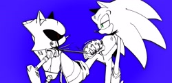 Size: 3451x1664 | Tagged: safe, artist:omiso_05_, metal sonic, sonic the hedgehog, 2025, duo, gay, holding something, looking at them, metonic, monochrome, purple background, robot, shipping, simple background, wires