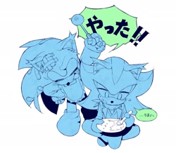 Size: 2048x1788 | Tagged: safe, artist:dumbomqianlin, shadow the hedgehog, sonic the hedgehog, 2025, alternate universe, duo, eyes closed, food, gay, gift art, holding something, japanese text, monochrome, mouth open, shadow x sonic, shipping, simple background, sitting, smile, speech bubble, standing, white background