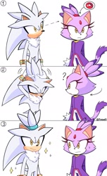Size: 1336x2198 | Tagged: safe, artist:twixei0, blaze the cat, silver the hedgehog, cat, hedgehog, 2025, alternate hairstyle, comic, duo, female, looking at each other, looking at them, male, simple background, standing, white background