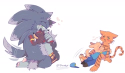 Size: 2048x1194 | Tagged: safe, artist:jazzdyr, shadow the hedgehog, sonic the hedgehog, 2025, barefoot, blushing, dogman, gay, heart, hugging, pawpads, shadow x sonic, shipping, simple background, smile, sonic the werehog, wagging tail, were form, werehog, white background