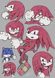 Size: 1445x2048 | Tagged: safe, artist:inoue555hige, knuckles the echidna, sonic the hedgehog, 2025, blushing, duo, grey background, simple background, smile