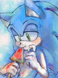 Size: 768x1024 | Tagged: safe, artist:slow_footed8, sonic the hedgehog, 2025, blushing, eating, food, holding something, lidded eyes, popsicle, solo