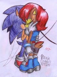 Size: 1660x2244 | Tagged: safe, artist:vitoriacampos, sally acorn, sonic the hedgehog, chipmunk, hedgehog, 2014, daytime, dialogue, duo, female, holding arm, kiss, male, sally x sonic, sally's ringblader outfit, shipping, sketch, straight, traditional media