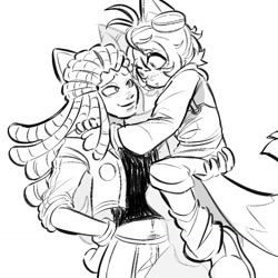 Size: 1280x1280 | Tagged: safe, artist:qcoded, miles "tails" prower, sonic the hedgehog, human, black and white, carrying them, clothes, duo, goggles, holding each other, humanized, line art, looking at each other, monochrome, partially humanized, smile, species swap