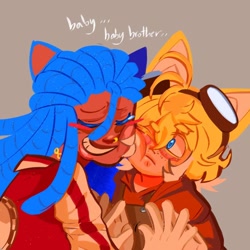 Size: 1280x1280 | Tagged: safe, artist:qcoded, miles "tails" prower, sonic the hedgehog, human, 2025, blushing, brothers, cheek squish, clothes, dialogue, duo, english text, eye clipping through hair, eyebrow clipping through hair, eyes closed, freckles, goggles, humanized, looking at them, no outlines, one eye closed, partially humanized, siblings, smile, species swap, tan skin, text