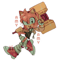 Size: 1000x1050 | Tagged: safe, artist:nova-rpv, amy rose, 2023, alternate outfit, amybetes, blushing, character name, clothes, cute, dress, ear piercing, earring, fingerless gloves, gloves, holding something, leg warmers, looking at viewer, pawpads, piko piko hammer, simple background, smile, smiling at viewer, solo, text, v sign, white background