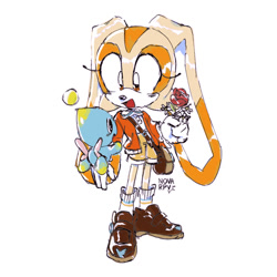 Size: 1500x1500 | Tagged: safe, artist:nova-rpv, cheese (chao), cream the rabbit, chao, rabbit, 2023, agender, alternate outfit, bag, clothes, duo, female, flower, holding something, looking at them, neutral chao, rose, signature, simple background, smile, smiling at them, standing, white background