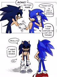 Size: 1513x2048 | Tagged: safe, artist:7656y, sonic the hedgehog, oc, oc:2011x, oc:sonic.exe, hedgehog, 2026, alternate universe, au:outcome memories, black sclera, bleeding, bleeding from eyes, blood, dialogue, duo, english text, grey shoes, looking at each other, looking at them, looking away, male, panels, self paradox, shaking hands, sharp teeth, simple background, speech bubble, standing, talking, text, white background