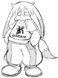 Size: 640x866 | Tagged: safe, artist:bobbutterbutt, kit the fennec, 2026, alternate outfit, alternate universe, au:recede, branded clothes, clothes, fennec, frown, gundam, hands in pocket, lidded eyes, male, monochrome, pants, shirt, simple background, solo, standing, white background, words on a shirt