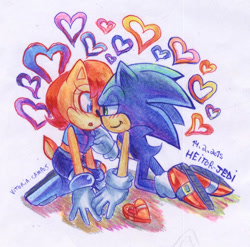 Size: 1071x1058 | Tagged: safe, artist:vitoriacampos, sally acorn, sonic the hedgehog, chipmunk, hedgehog, 2015, blushing, chocolate box, duo, female, food, heart, male, sally x sonic, sally's ringblader outfit, shipping, straight, traditional media, white background