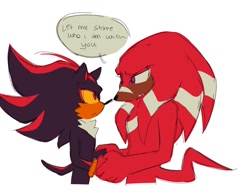 Size: 1330x1039 | Tagged: safe, artist:funnybonesfunny, knuckles the echidna, shadow the hedgehog, 2025, alternate universe, au:dr. prower, duo, english text, gay, holding hands, knuxadow, looking at each other, looking at them, mouth open, shipping, simple background, speech bubble, white background
