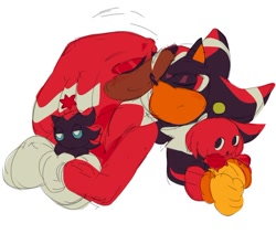 Size: 682x579 | Tagged: safe, artist:funnybonesfunny, knuckles the echidna, shadow the hedgehog, chao, 2025, alternate universe, au:dr. prower, blushing, character chao, duo, eyes closed, gay, holding them, knuckles chao, knuxadow, shadow chao, shipping, simple background, white background