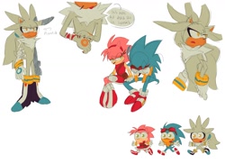 Size: 1536x1117 | Tagged: safe, artist:funnybonesfunny, amy rose, silver the hedgehog, sonic the hedgehog, 2025, alternate hairstyle, alternate universe, au:dr. prower, goggles on head, hands on own face, injured, ponytail, simple background, sitting, smile, speech bubble, trio, white background