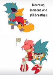 Size: 749x1059 | Tagged: safe, artist:funnybonesfunny, amy rose, metal sonic, miles "tails" prower, sonic the hedgehog, 2025, alternate outfit, alternate universe, au:dr. prower, english text, goggles, goggles on head, group, hands on own face, hugging, looking at them, robot, simple background, sitting, white background