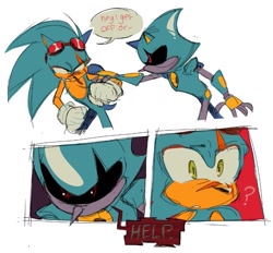 Size: 749x694 | Tagged: safe, artist:funnybonesfunny, metal sonic, sonic the hedgehog, 2025, alternate universe, au:dr. prower, comic, duo, english text, hand on another's arm, looking at each other, looking at them, robot, simple background, speech bubble, standing, top surgery scars, white background
