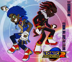 Size: 1912x1643 | Tagged: safe, artist:frankenfreakie, shadow the hedgehog, sonic the hedgehog, human, sonic adventure 2, clothes, dark skin, duo, fingerless gloves, frown, gloves, headphones, headphones around neck, humanized, looking at viewer, redraw, smile, soap shoes, species swap