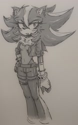 Size: 1915x3072 | Tagged: safe, artist:k1ttyshrimpy, shadow the hedgehog, hedgehog, 2026, belt, breasts, chest fluff, clothes, eyelashes, featureless breasts, female, fingerless gloves, gender swap, gloves, grey background, greyscale, hand on hip, jacket, lidded eyes, monochrome, open jacket, shorts, simple background, solo, standing