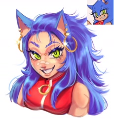 Size: 1536x1665 | Tagged: safe, artist:saintforan, sonic the hedgehog, human, 2025, bandaid, bust, clothes, ear piercing, earring, eyebrow piercing, eyelashes, face piercing, female, freckles, gender swap, humanized, jacket, lineless, long hair, partially humanized, reference inset, scar, simple background, sleeveless jacket, smile, smiling at viewer, solo, species swap