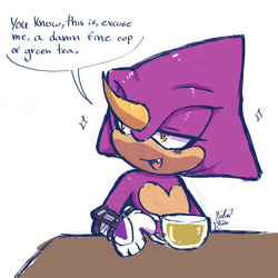 Size: 2000x2000 | Tagged: safe, artist:faburin, espio the chameleon, 2026, chameleon, cup, dialogue, english text, eyelashes, green tea, lidded eyes, looking offscreen, male, mouth open, one fang, open smile, signature, simple background, smile, solo, sparkles, speech bubble, table, talking, tea, teacup, text, white background