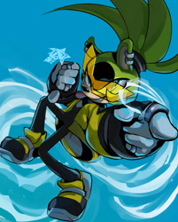 Size: 2005x2500 | Tagged: safe, artist:redcanynes, surge the tenrec, tenrec, 2026, blue background, clothes, female, looking at viewer, pointing, riders outfit, signature, simple background, smile, smiling at viewer, solo, thumbs down