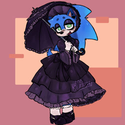 Size: 2000x2000 | Tagged: safe, artist:seraph_shepherd, sonic the hedgehog, 2026, abstract background, alternate outfit, beanbrows, blushing, bonnet, bow, crossdressing, cute, dress, eyeshadow, femboy, goth, goth outfit, goth sonic, lidded eyes, lolita, looking at viewer, mary-janes, mouth open, open smile, shoes, smile, socks, solo, sonabetes, standing, umbrella