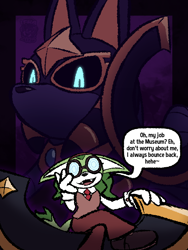 Size: 600x800 | Tagged: safe, artist:ifra, jackal, 2025, black sclera, dialogue, duality, duo, english text, enigma the phantom thief, fangs, female, glowing eyes, looking at viewer, megani the jackal, sitting, speech bubble, talking, talking to viewer, text