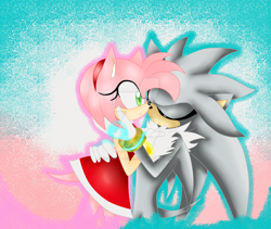Size: 1024x863 | Tagged: safe, artist:vane-r-sutcliff, amy rose, silver the hedgehog, hedgehog, 2013, duo, gradient background, holding each other, imminent kissing, obtrusive watermark, outline, shipping, silvamy, standing, straight, watermark