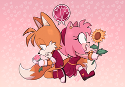 Size: 2388x1668 | Tagged: safe, artist:michhart, amy rose, miles "tails" prower, 2025, abstract background, alternate outfit, boots, dress, duo, flower, heart, holding something, jacket, kneeling, lidded eyes, looking at something, rose, shipping, side view, signature, smile, straight, sunflower, tailamy, valentine's day