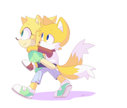 Size: 936x792 | Tagged: safe, artist:nannelflannel, maria robotnik, miles "tails" prower, oc, oc:maria the hedgehog, fox, hedgehog, 2019, aged down, duo, looking offscreen, mobianified, pants, riding on back, shirt, shoes, simple background, smile, treads, walking, white background