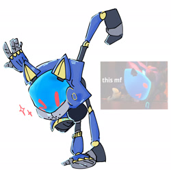 Size: 2048x2048 | Tagged: safe, artist:kptya, chaos sonic, sonic prime s2, 2024, bending over, posing, reference inset, robot, simple background, solo, sparkles, white background, wink
