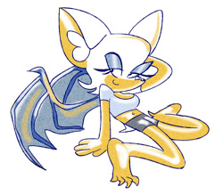 Size: 1006x881 | Tagged: safe, artist:cherucat, artist:gaysilver, rouge the bat, 2022, barefoot, belly button, crop top, ear fluff, hand behind head, lidded eyes, looking at viewer, midriff, shorts, simple background, smile, solo, stupid sexy rouge, white background