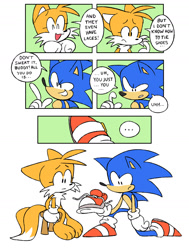 Size: 1280x1697 | Tagged: safe, artist:cherucat, artist:gaysilver, miles "tails" prower, sonic the hedgehog, ..., 2018, barefoot, chair, cute, dialogue, duo, english text, excited, eyelashes, flat colors, floppy ears, frown, kneeling, mouth open, panels, paws, pointing, shoelaces, shoes, simple background, sitting, smile, sonabetes, speech bubble, tailabetes, white background