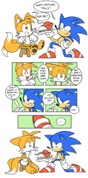 Size: 1867x3760 | Tagged: safe, artist:cherucat, artist:gaysilver, miles "tails" prower, sonic the hedgehog, ..., 2018, absurd res, alternate version, anonymous editor, barefoot, chair, cute, dialogue, duo, edit, english text, excited, eyelashes, flat colors, floating eyebrows, floppy ears, frown, holding something, kneeling, mouth open, panels, pawpads, paws, pointing, presenting, shoelaces, shoes, simple background, sitting, smile, sonabetes, speech bubble, stitched, tailabetes, text, wall of tags, white background