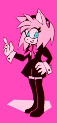 Size: 591x1280 | Tagged: safe, artist:gayblaze, amy rose, 2018, alternate outfit, blazer, bow, eye clipping through hair, hand on hip, looking at viewer, mouth open, open smile, pink background, ribbon, simple background, skirt, smile, smiling at viewer, solo, stockings
