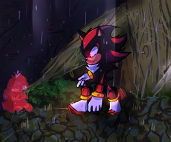 Size: 1280x1061 | Tagged: safe, artist:r8diac, shadow the hedgehog, sonic adventure 2, 2017, abstract background, frown, looking offscreen, nighttime, outdoors, solo, tree, white jungle