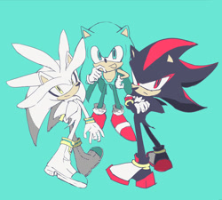 Size: 2480x2231 | Tagged: safe, artist:waaii132299, shadow the hedgehog, silver the hedgehog, sonic the hedgehog, 2025, looking at viewer, mouth open, simple background, smile, standing, trio, turquoise background