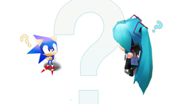 Size: 4214x2480 | Tagged: safe, artist:waaii132299, sonic the hedgehog, human, 2025, chibi, classic sonic, crossover, cute, duo, edit, hatsune miku, looking at each other, looking at them, question mark, simple background, sonabetes, standing, stitched, vocaloid, white background