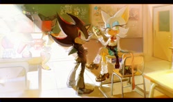 Size: 1199x705 | Tagged: safe, artist:waaii132299, e-123 omega, rouge the bat, shadow the hedgehog, 2025, alternate outfit, classroom, holding something, robot, school, school desk, school uniform, schoolgirl outfit, sitting, smile, standing, team dark, trio