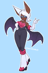 Size: 1648x2500 | Tagged: safe, artist:boyamoss, rouge the bat, human, 2025, blue background, blushing, clothes, dark skin, eyebrow clipping through hair, hand on hip, humanized, looking at viewer, outline, partially humanized, rouge's heart top, simple background, smile, solo, species swap, standing