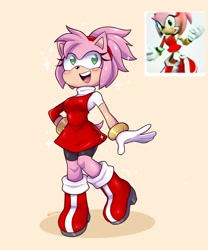 Size: 1500x1800 | Tagged: safe, artist:artkett1412, amy rose, hedgehog, 2022, alternate hairstyle, alternate outfit, blushing, dress, eyelashes, female, hair up, hand on hip, looking offscreen, mouth open, open smile, ponytail, reference inset, shorts, simple background, smile, solo, sparkles, standing, standing on one leg, yellow background