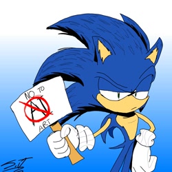 Size: 1280x1280 | Tagged: safe, artist:sonicraymanlover, sonic the hedgehog, hedgehog, 2023, english text, flat colors, frown, gradient background, hand on hip, holding something, lidded eyes, male, sign, signature, solo, standing, text