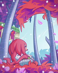 Size: 2048x2562 | Tagged: safe, artist:mintywhisker, knuckles the echidna, echidna, sonic mania, 2020, abstract background, arms folded, daytime, looking down, male, outdoors, press garden zone, signature, sitting, snow, snowing, solo, tree