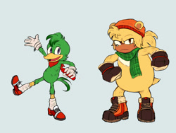 Size: 2048x1536 | Tagged: safe, artist:chuelectrico20, bark the polar bear, bean the dynamite, bird, polar bear, 2025, duo, dynamite, frown, grey background, holding something, looking at viewer, male, movie style, simple background, smile, standing, standing on one leg