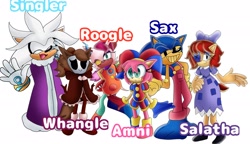 Size: 2048x1180 | Tagged: safe, artist:petunialightnin, amy rose, rouge the bat, sally acorn, silver the hedgehog, sonic the hedgehog, whisper the wolf, 2025, character name, cosplay, crossover, crossover cosplay, english text, gangle (the amazing digital circus), group, jax (the amazing digital circus), kinger (the amazing digital circus), pomni (the amazing digital circus), ragatha, simple background, text, the amazing digital circus, white background, zooble (the amazing digital circus)