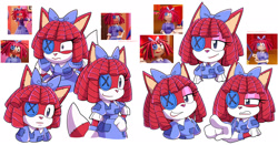 Size: 1920x1006 | Tagged: safe, artist:kanayanga, fox, 2024, barely sonic related, bust, crossover, expression sheet, frown, hand on hip, lidded eyes, looking at viewer, looking offscreen, mobianified, pointing, ragatha, redraw, smile, solo, stuffed animal, the amazing digital circus