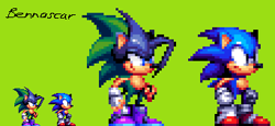 Size: 342x157 | Tagged: safe, artist:bennascar2, sonic the hedgehog, oc, oc:ashura the hedgehog, hedgehog, 2021, duo, eyestrain, frown, gloves, green background, looking offscreen, pixel art, shoes, simple background, smile, sonic uprising, sprite, standing, style emulation