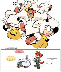 Size: 1700x2000 | Tagged: safe, artist:quaverdraws, gadget the wolf, lanolin the sheep, sheep, wolf, 2025, clothes, comic, cup, dialogue, drink, duo, english text, gadget x lanolin, headache, holding something, hot drink, shipping, shirt, speech bubble, straight, tired